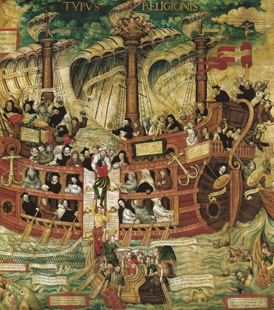 &39;Typus Religionis&39;，耶稣会的寓言，中央部分的细节描绘了一艘载有命令创始人的三桅船 作者 法语学校